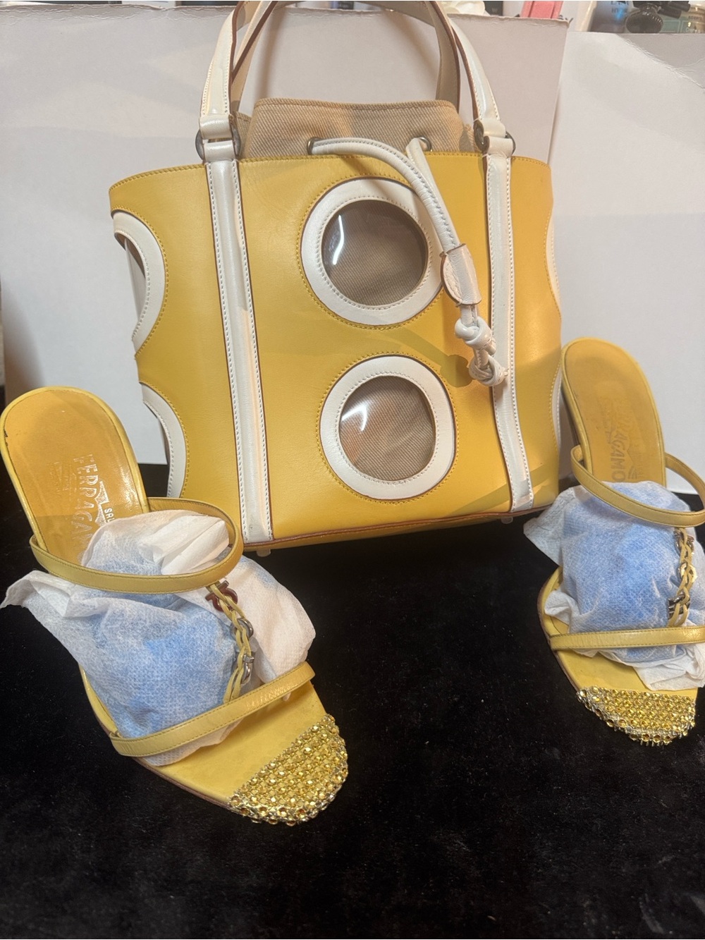 Salvatore Ferragamo Yellow&White Tote w/ Cutouts&free 8 1/2 $1400 Upcycled shoes